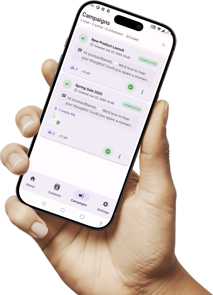 App Auto Sender con un elenco di campagne WhatsApp completate