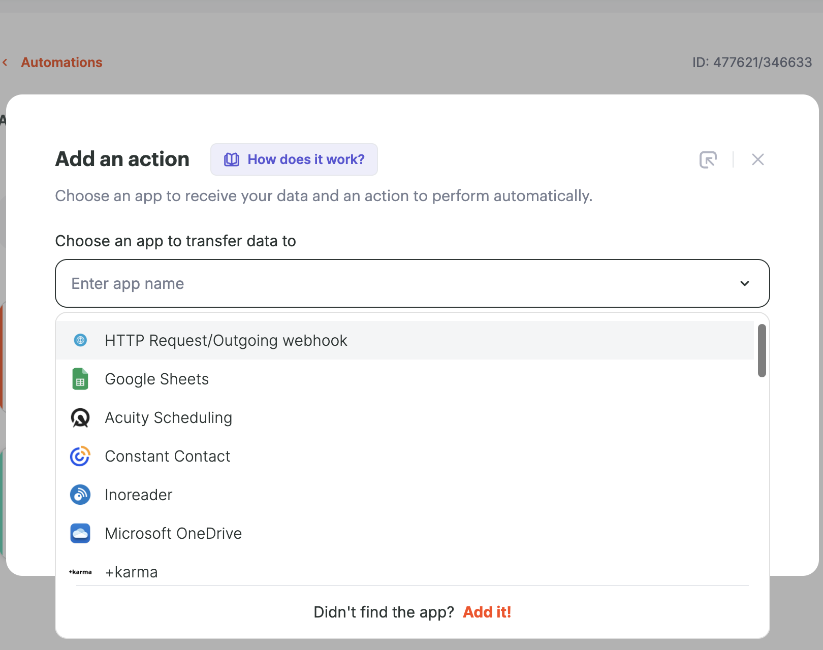 Albato Add an action dialog with HTTP Request/Outgoing webhook at the top of the app list