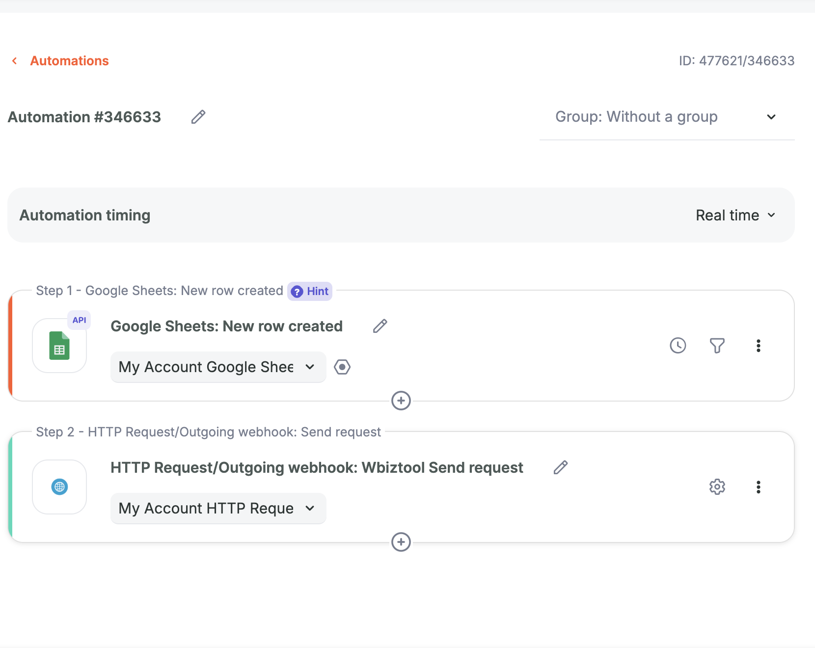 Albato automation with Step 1 Google Sheets New row created and Step 2 HTTP Request Wbiztool Send request