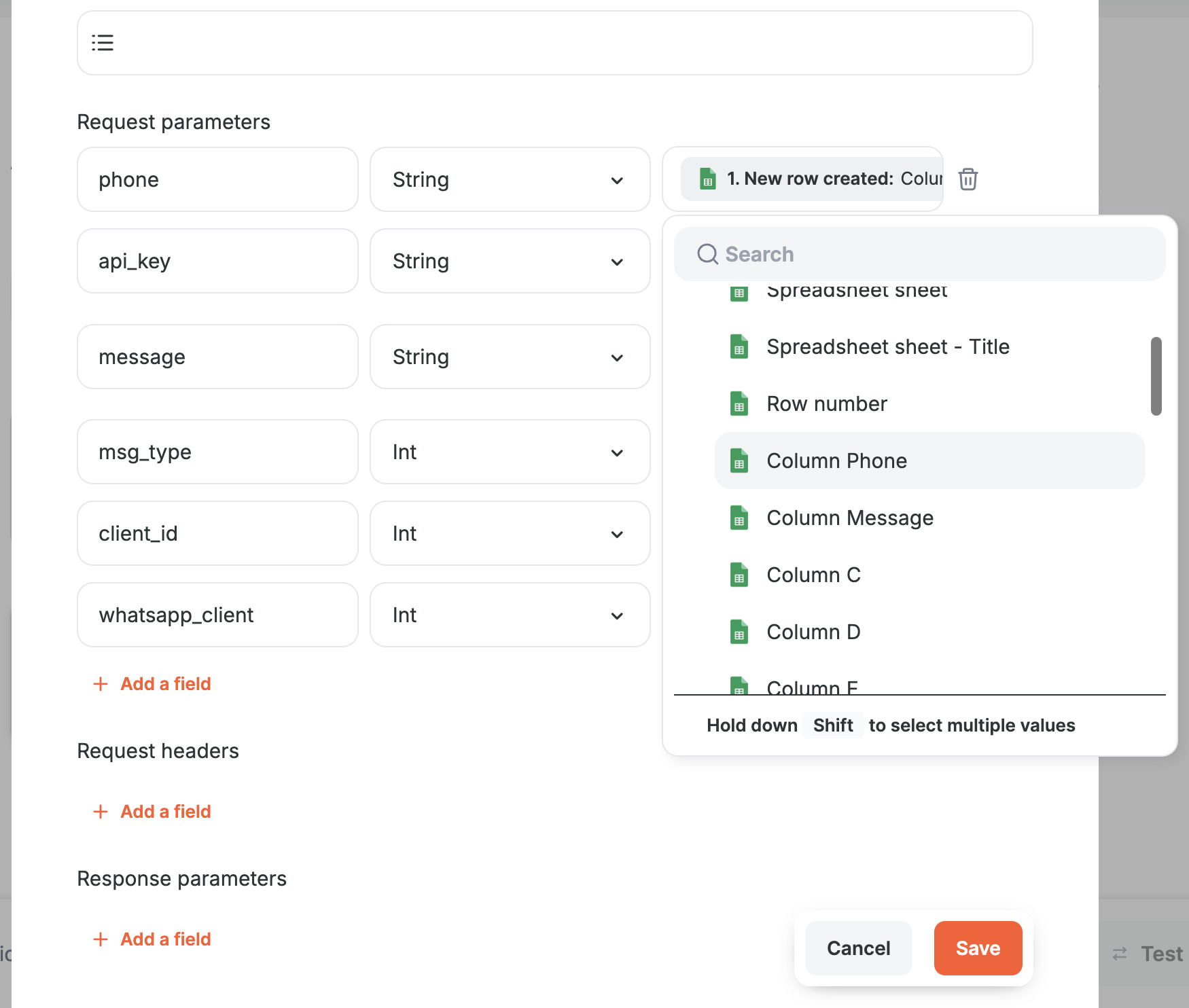 Albato request parameters, with phone mapped to a Google Sheets column from the trigger