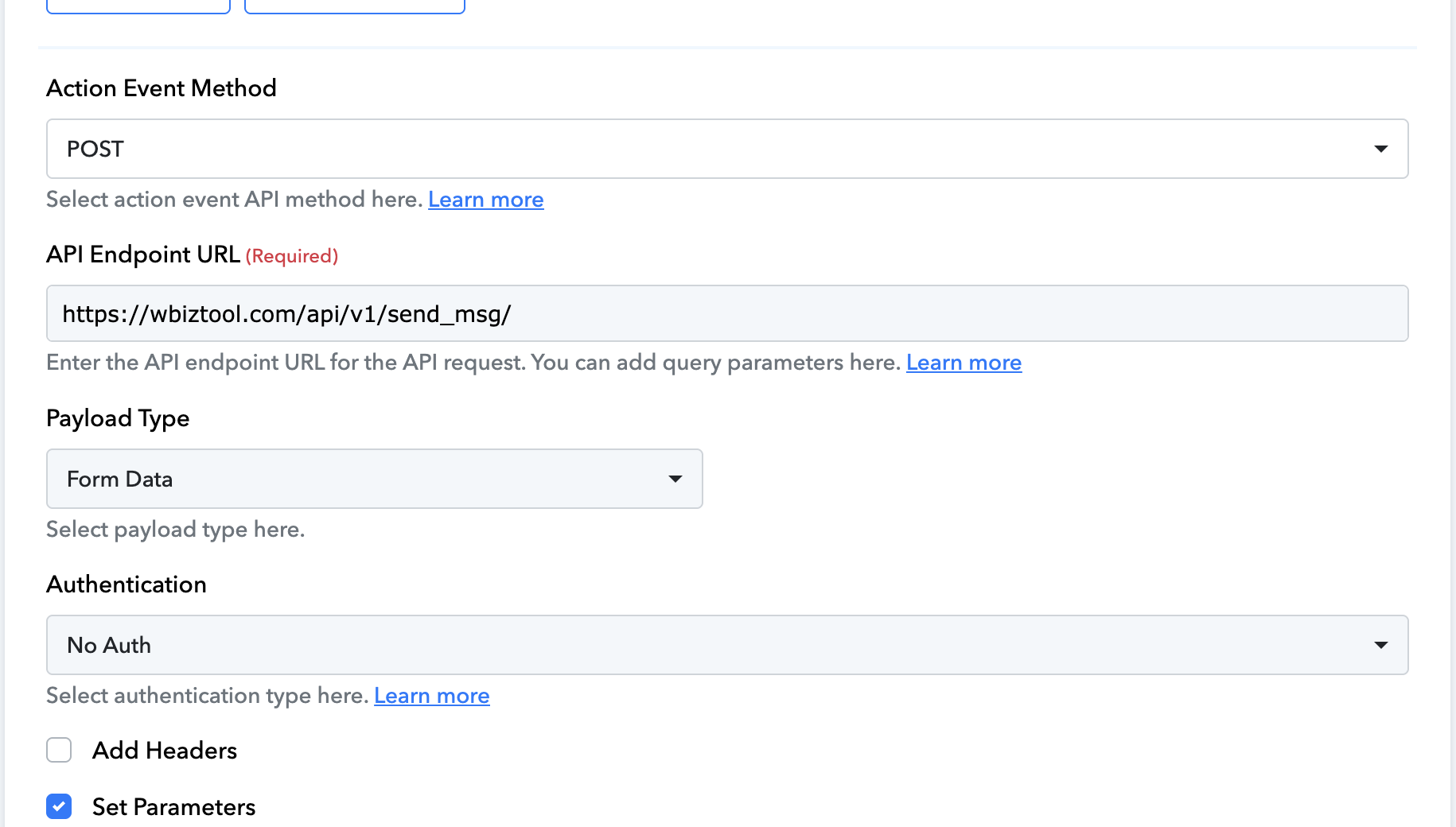 Pabbly Connect API request with method POST, the Wbiztool send_msg URL, payload type Form Data and No Auth