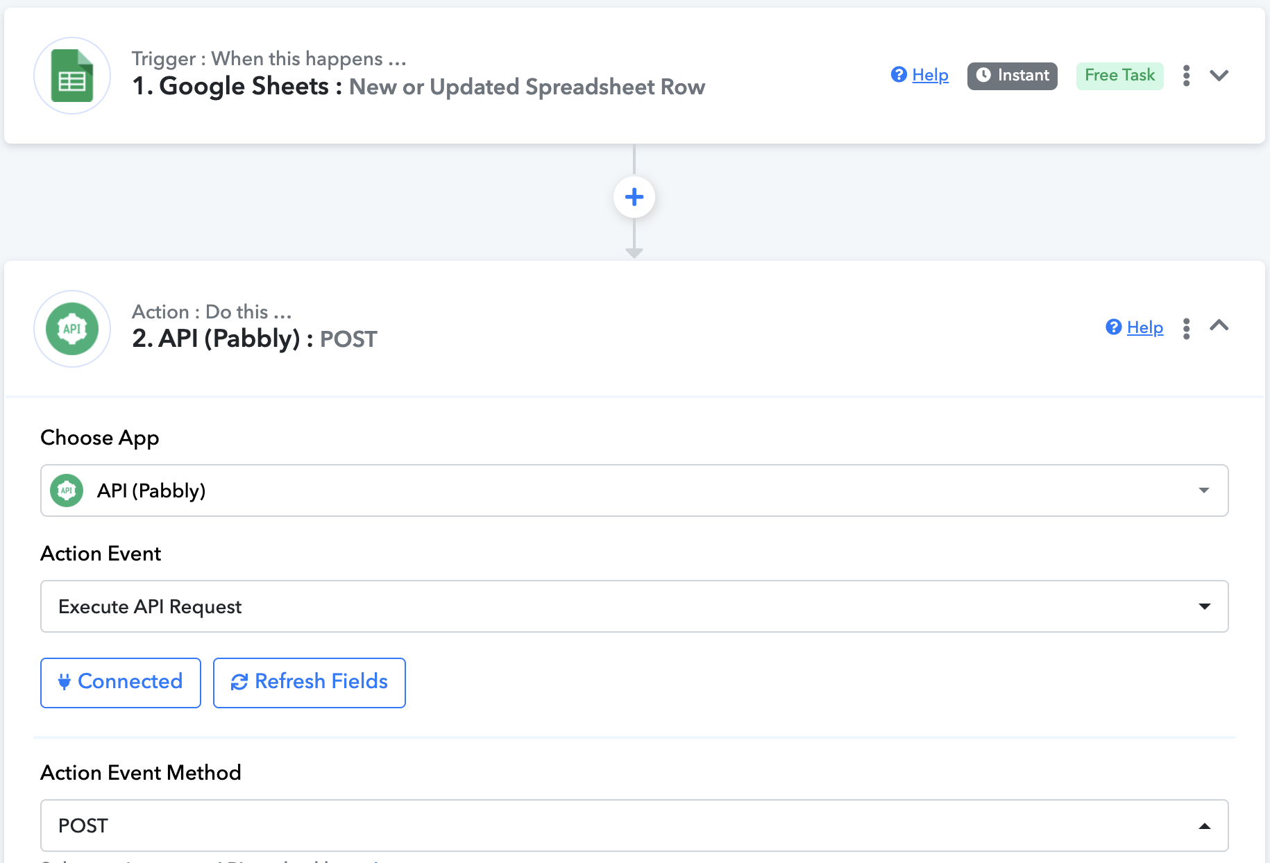 Pabbly Connect workflow with a Google Sheets New or Updated Spreadsheet Row trigger and an API (Pabbly) Execute API Request action
